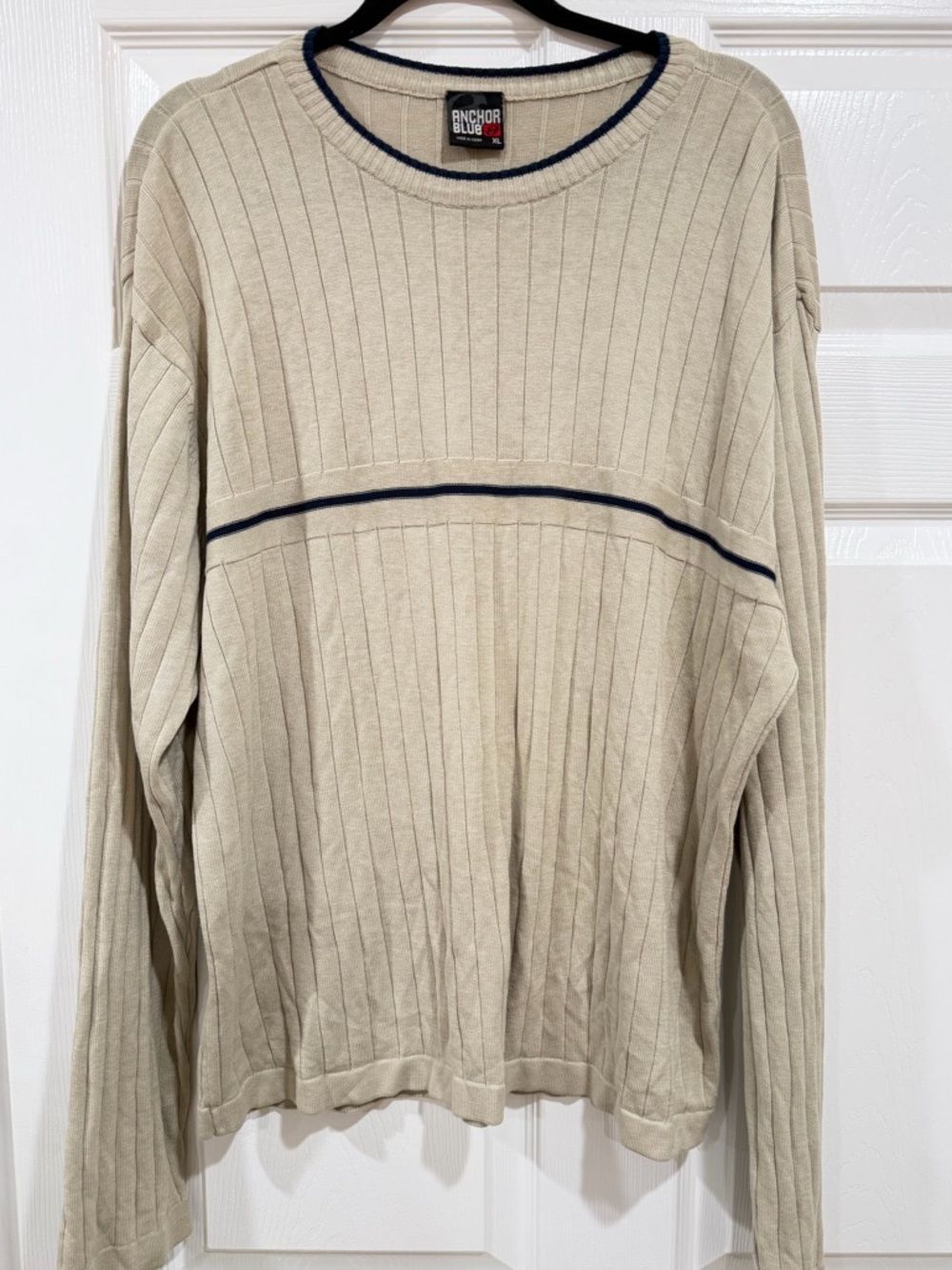 Vintage Anchor Blue Beige Ribbed Crewneck with Navy Trim Size XL